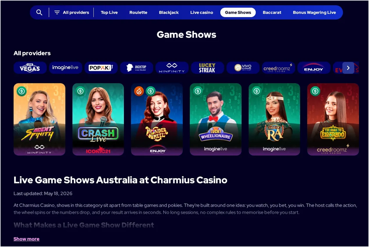 Charmius live game shows lobby, grid of "Game Shows" cards with dealer photos and game titles, 22.10.2026