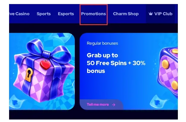 Charmius Promotions page, "Promotions" tab with bonus offer card, 22.10.2026