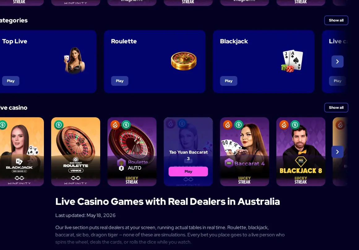 Charmius live casino lobby, grid of "Live Casino Games with Real Dealers in Australia", 22.10.2026