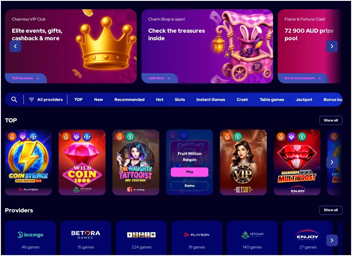 Charmius popular slots lobby, "TOP" games grid with 6 slot cards, 22.10.2026