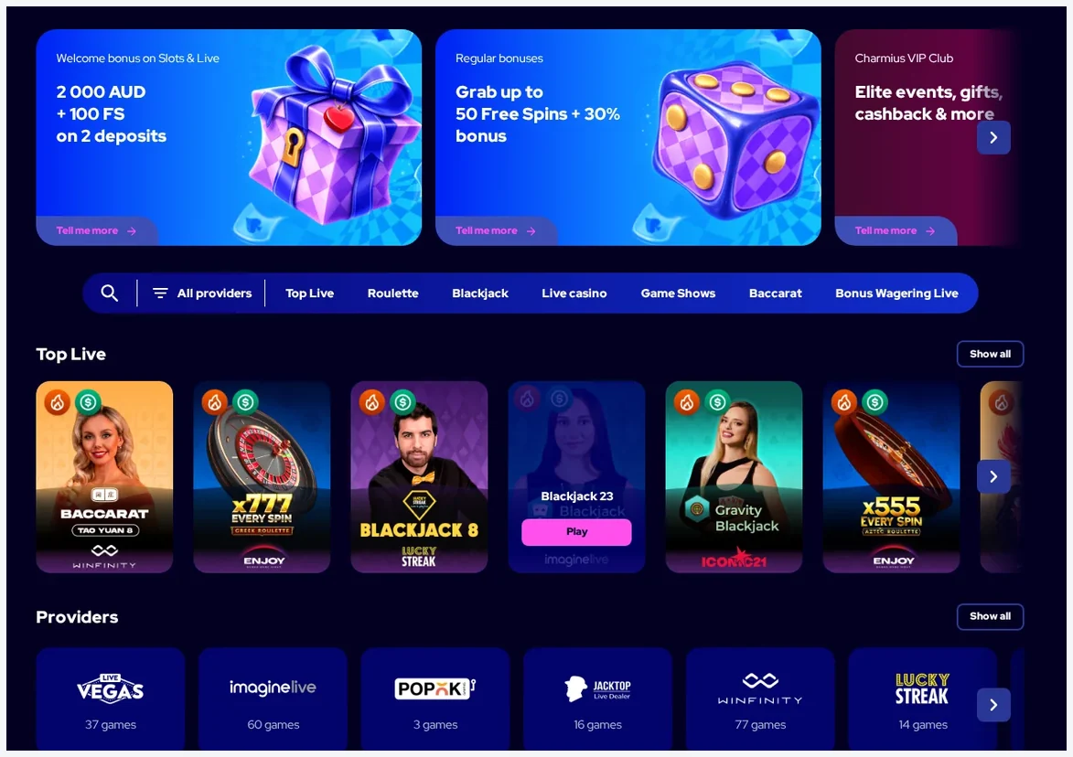 Charmius live casino lobby, "Top Live" dealer game grid with 6 thumbnail tiles, 22.10.2026