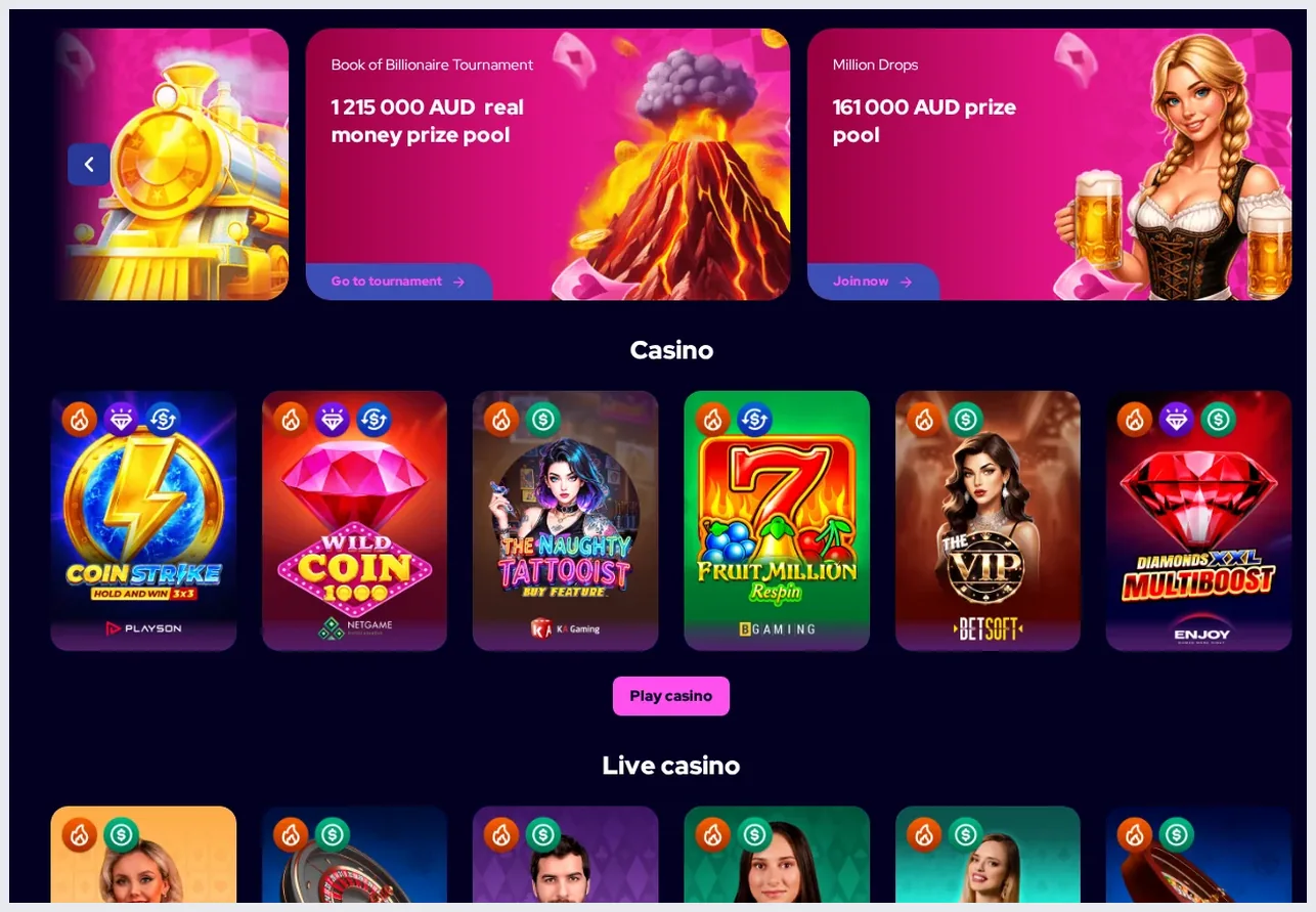 Charmius Home page with promotions, "Book of Billionaire Tournament" banner and casino game grid, 22.10.2026