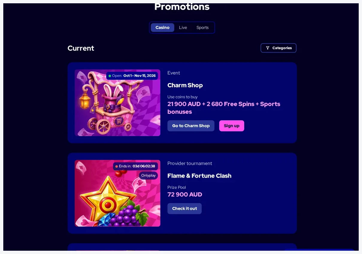 Charmius Promotions page, "Charm Shop" and "Flame & Fortune Clash" promotion cards, 22.10.2026