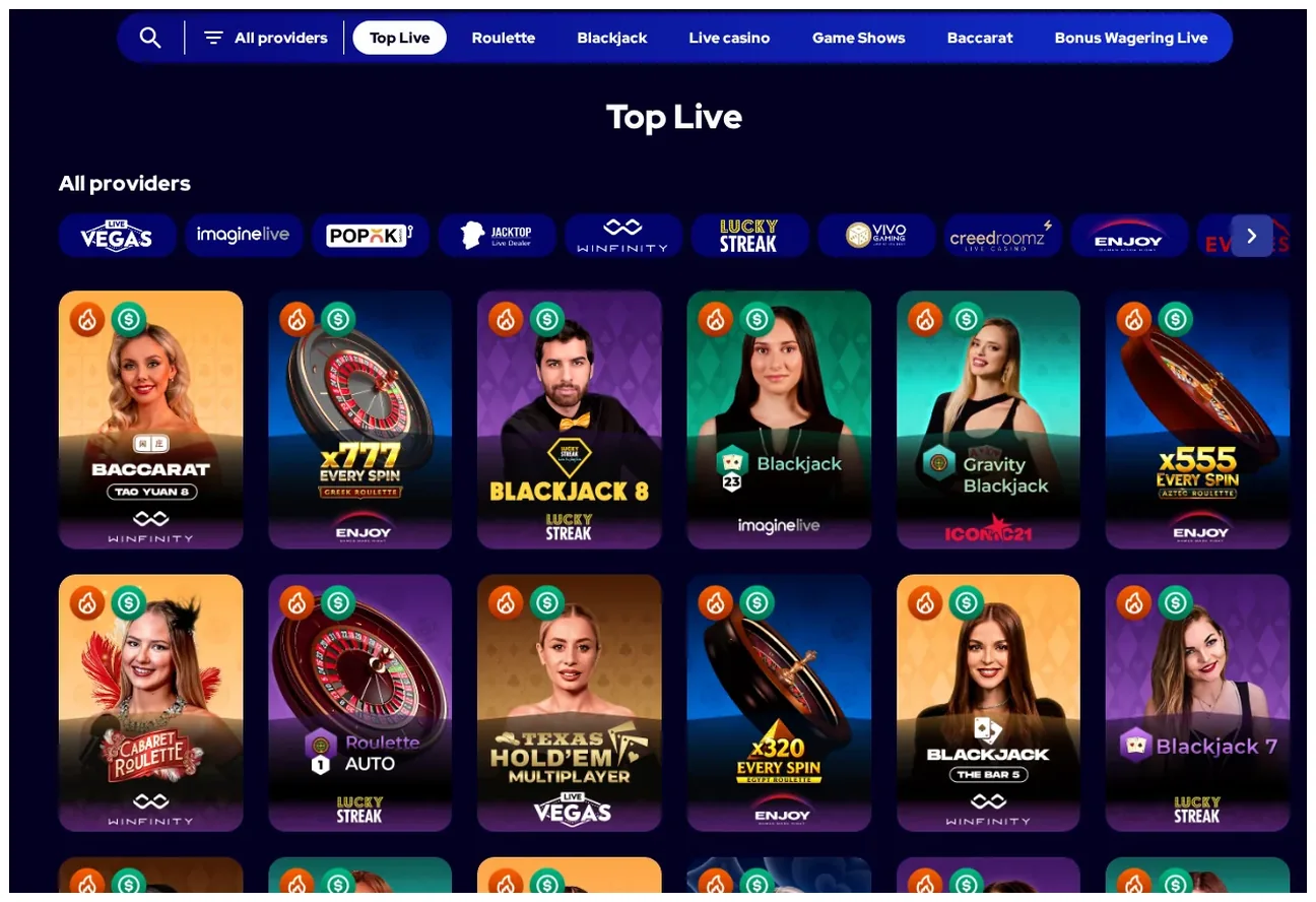 Charmius live casino lobby, grid of live game cards with "Baccarat", "Blackjack", "Roulette" titles, 22.10.2026