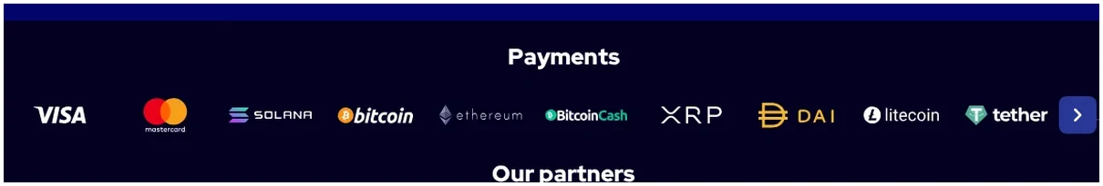 Charmius Payments methods page, Row of payment provider logos including Visa, Mastercard, Solana, Bitcoin, Ether, 22.10.2026