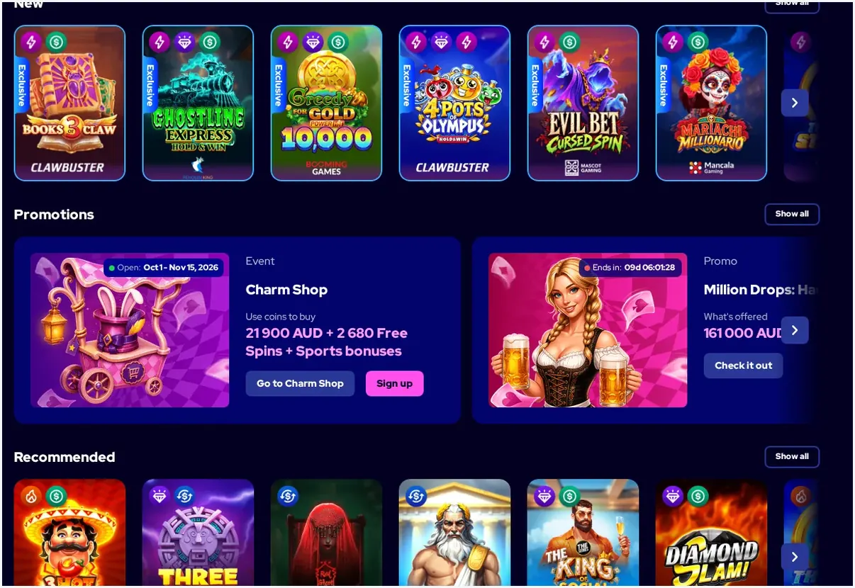 Charmius casino games homepage, grid of slot game cards with "Books & Claw", "Ghostline Express", "4 Pots Olympu, 22.10.2026